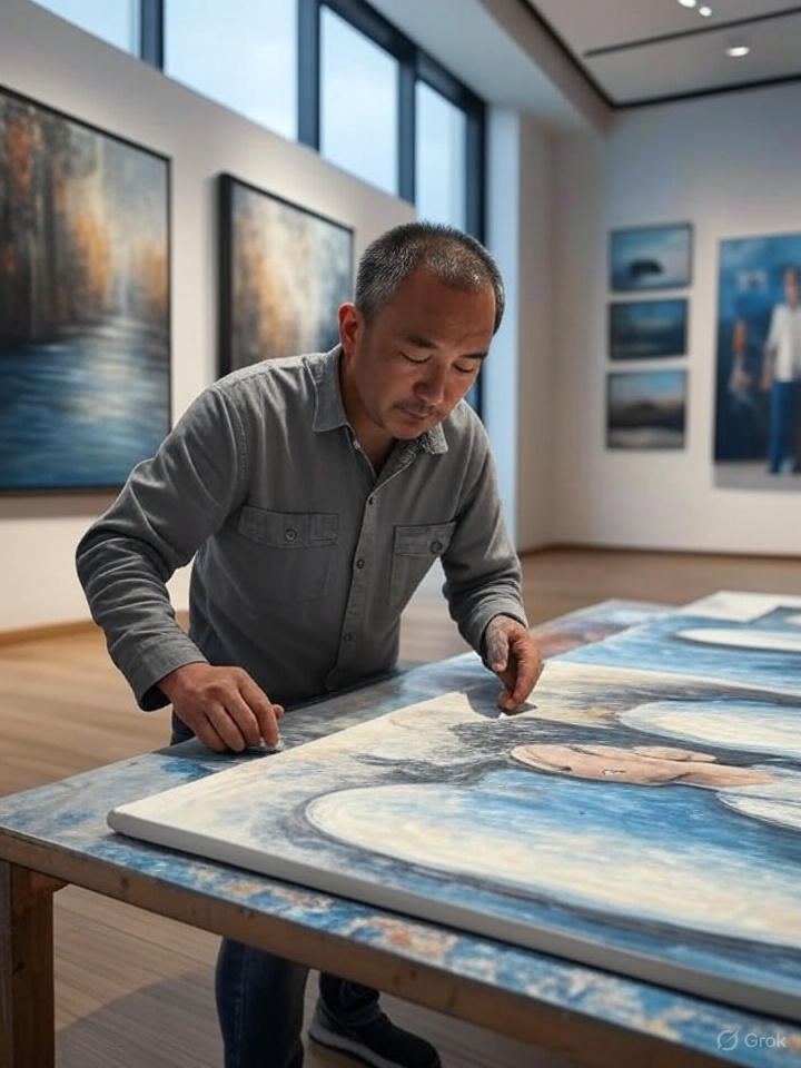 Man working on a painting in an art gallery with other artworks in the background