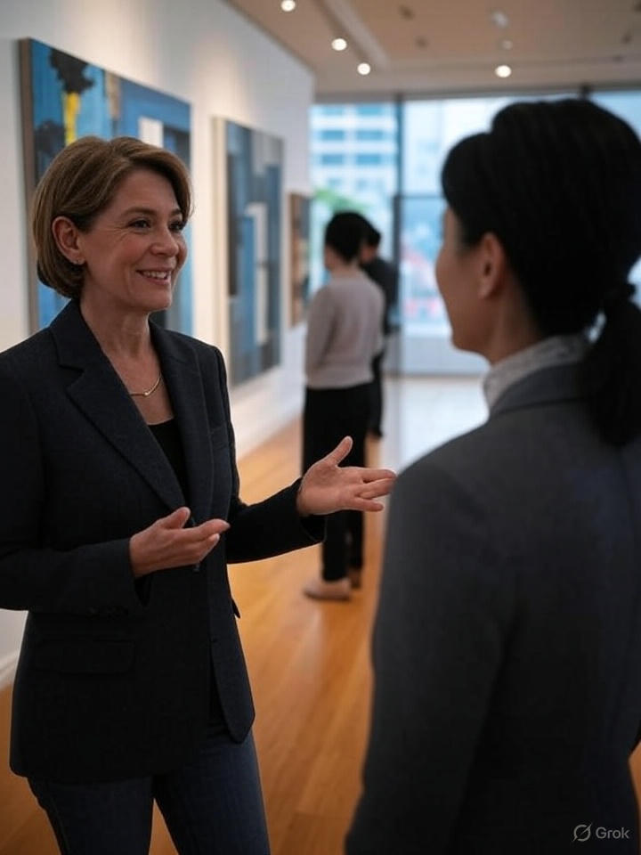 Two women in a conversation in an art gallery setting.