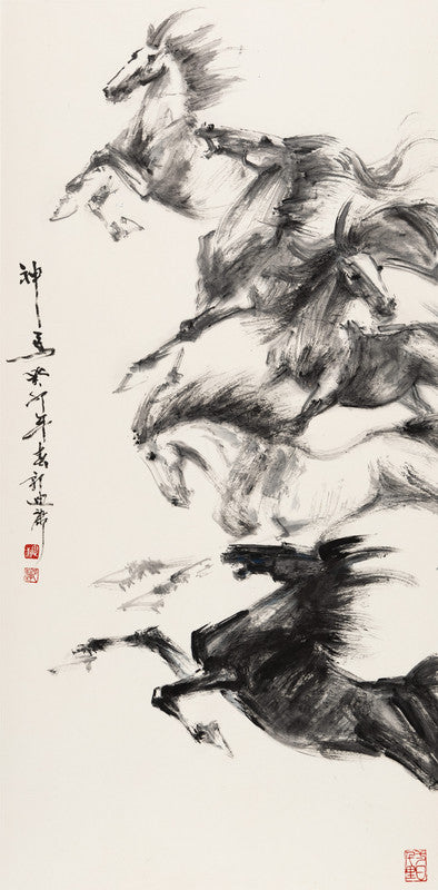 Chinese Ink Painting-Divine horses  神馬 139x68cm by Kwok Ti Hong 郭迪康