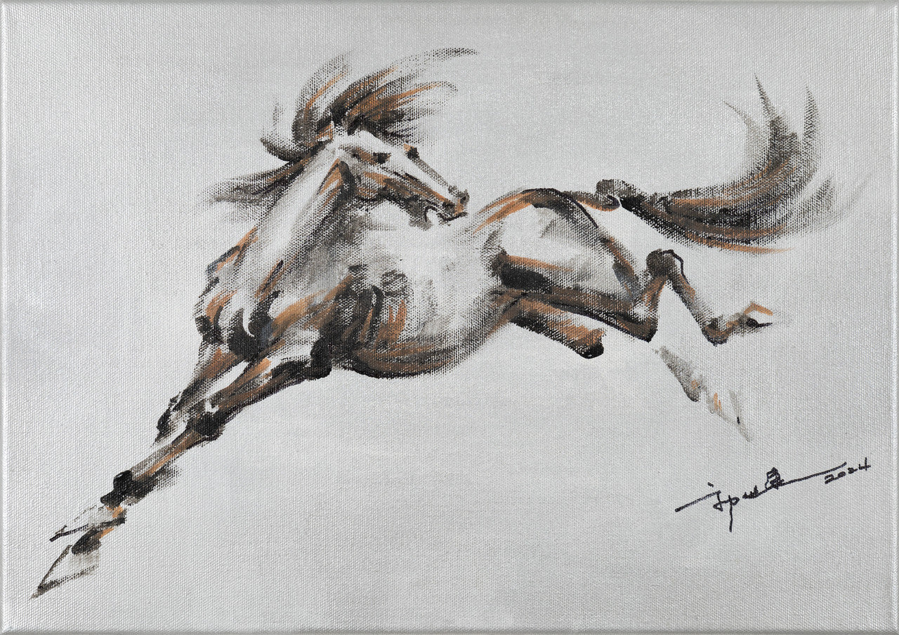 Acrylic Painting-Galloping horse 奔馬 29.7x42cm by Kwok Ti Hong 郭迪康