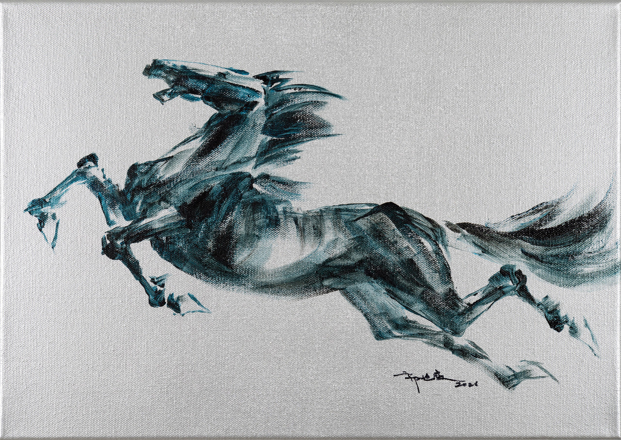 Acrylic Painting-Galloping horse 奔馬 29.7x42cm by Kwok Ti Hong 郭迪康
