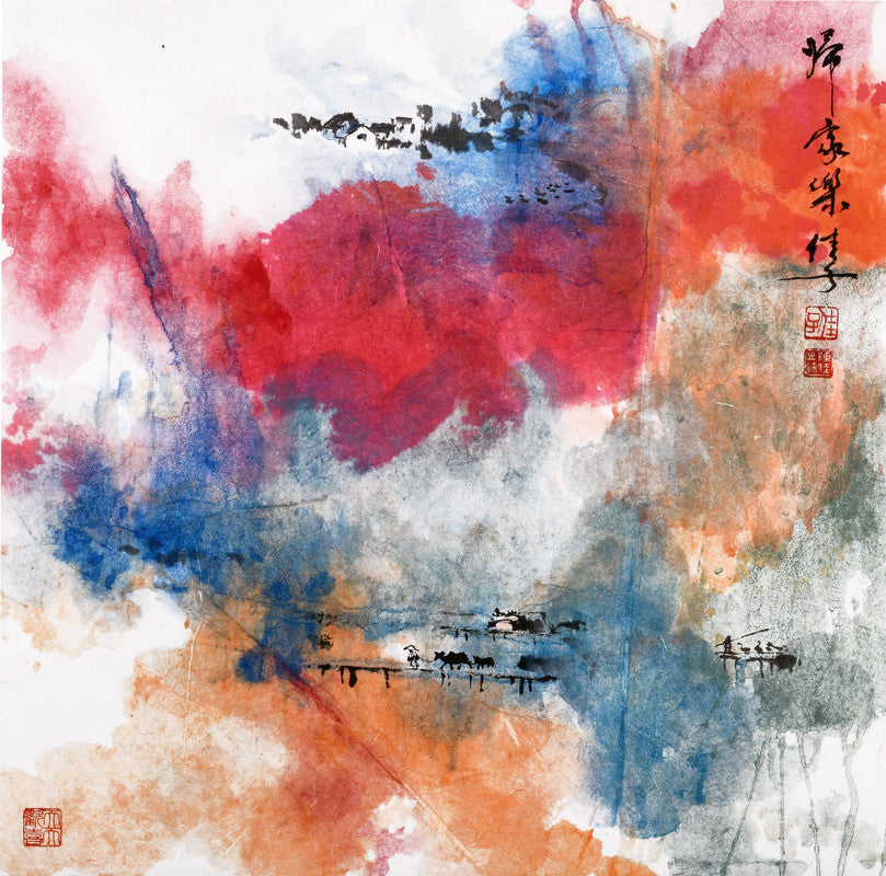 Fine Chinese ink painting - Home sweet home 歸家樂 69x69cm by HK female artist Chan Kai 陳佳