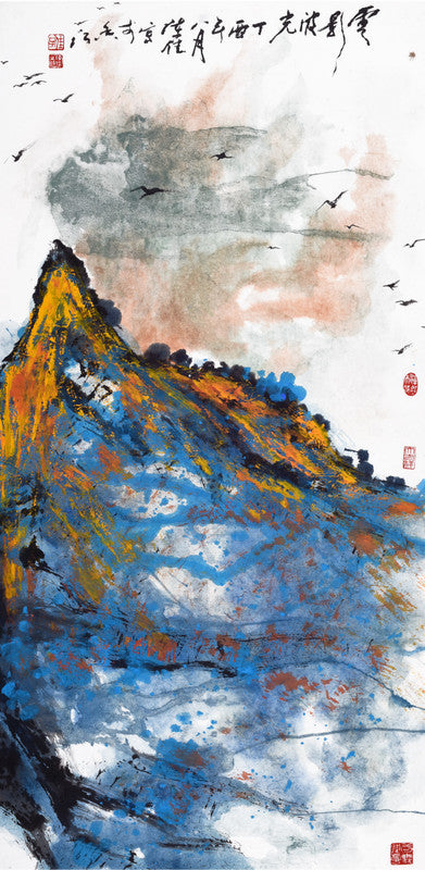 Fine Chinese ink painting - Magnificent landscape 波光雲影 139x69cm by HK female artist Chan Kai 陳佳