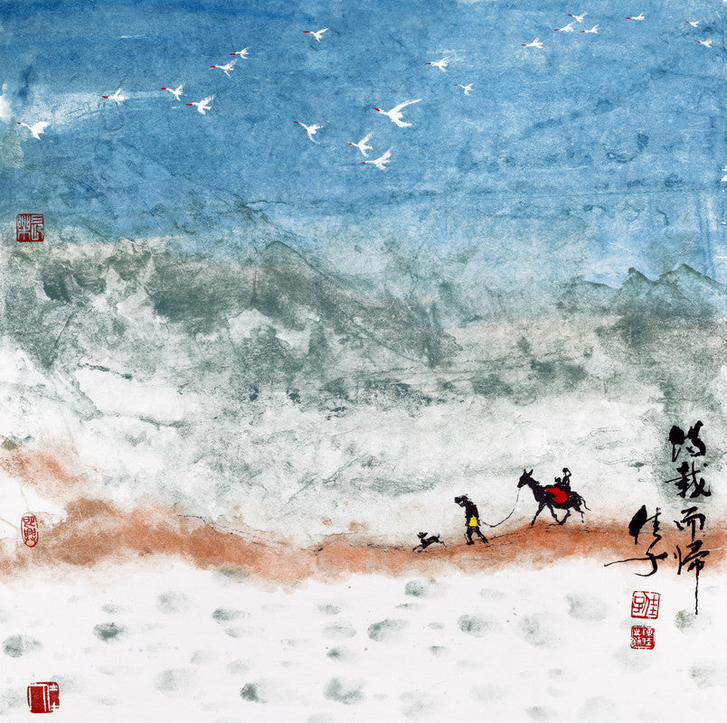 Fine Chinese ink painting - Come back with fruitful results 滿載而歸 69x69cm by HK female artist Chan Kai 陳佳