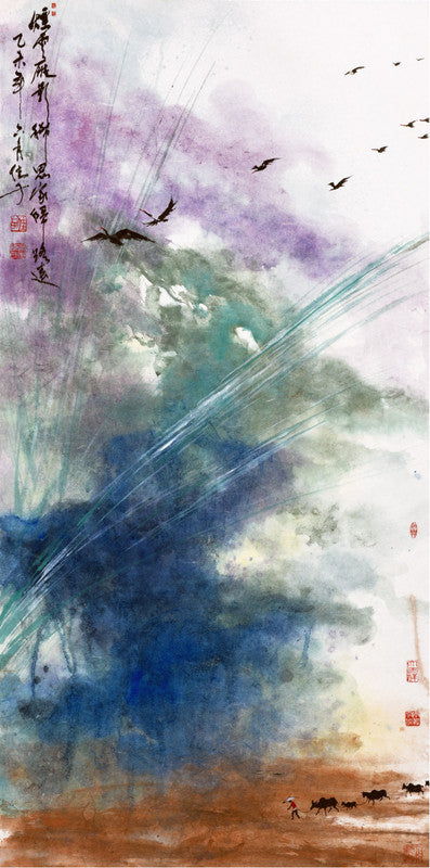 Fine Chinese ink painting - Magnificent landscape 煙雲雁影稀思家歸路遠 137x69cm by HK female artist Chan Kai 陳佳