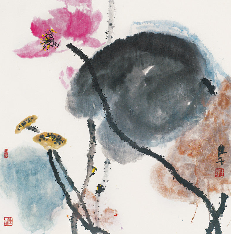 Fine Chinese ink painting - Water lilies 睡蓮不睡了 68x68cm by HK female artist Chan Kai 陳佳