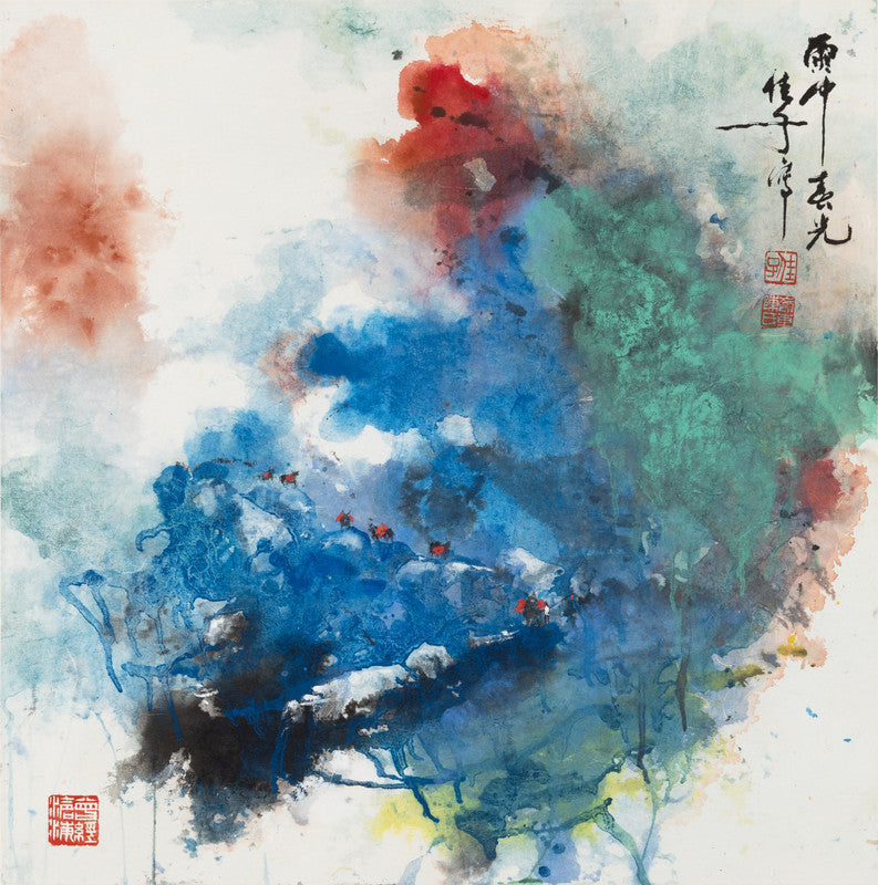 Fine Chinese ink painting - Spring light in rain 雨中春光 69x69cm by HK female artist Chan Kai 陳佳