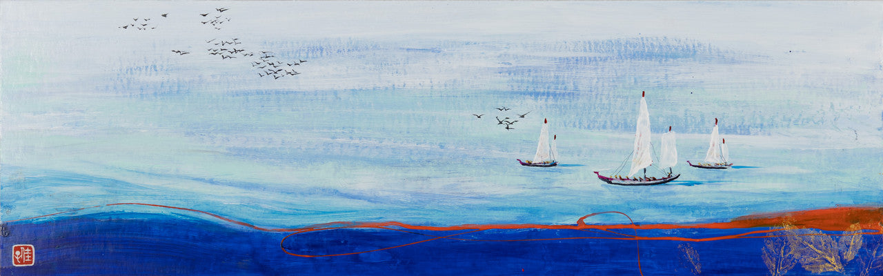 Fine Comtemporary Acrylic painting - Set sail 啟航 25.5x81.5cm by Hong Kong female artist Chan Kai 陳佳