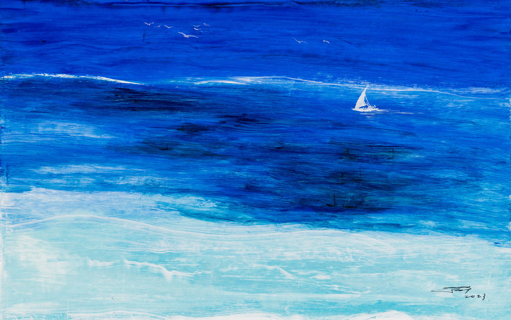 Fine Comtemporary Acrylic painting - Ocean 海洋 25.5x40.8cm by Hong Kong female artist Chan Kai 陳佳