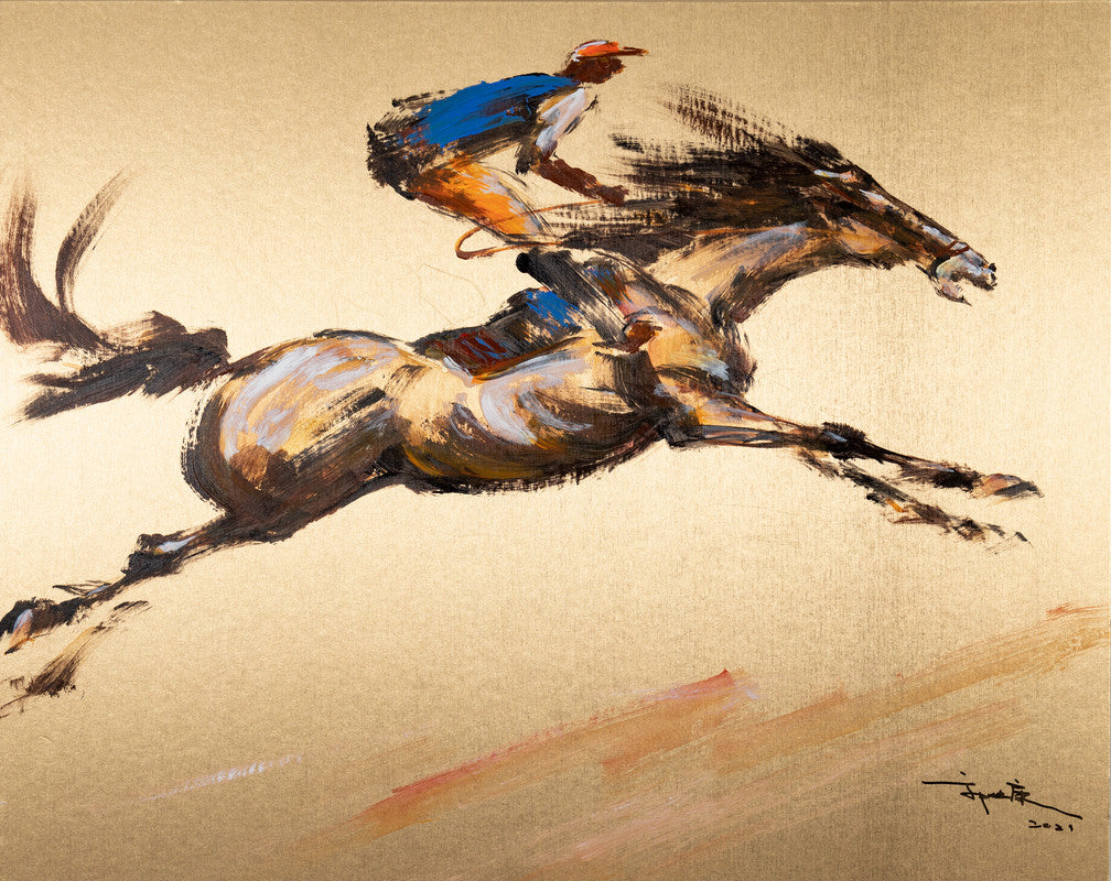 Fine Chinese Ink painting - Horse Racing 賽馬 41x51cm by Kwok Ti Hong 郭迪康