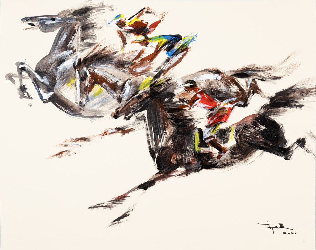 Fine Chinese Ink painting - Horse racing 賽馬 41x51cm by Kwok Ti Hong 郭迪康