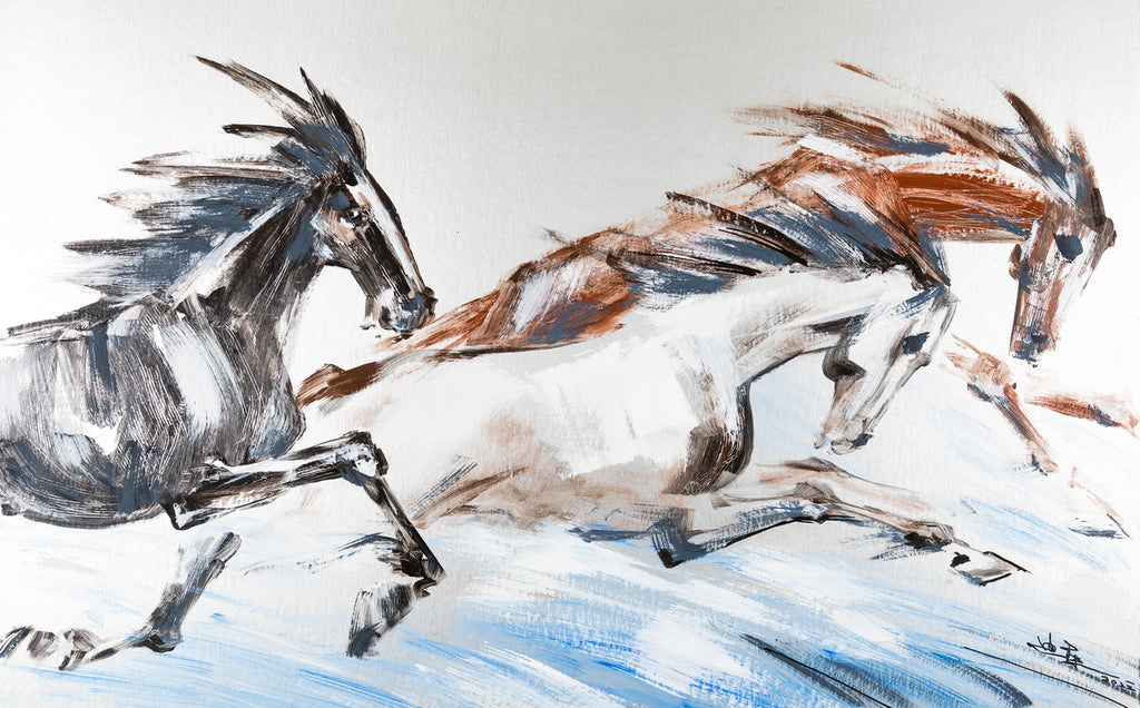 Fine Chinese Ink painting - Galloping horses 奔馬 50.7x81.5cm by Kwok Ti Hong 郭迪康
