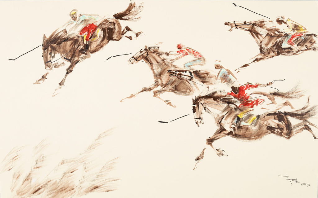 Fine Chinese Ink painting - Galloping horses on field 草原奔馬 50.7x81.5cm by Kwok Ti Hong 郭迪康