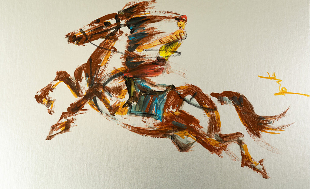 Fine Chinese Ink painting - Horse racing 賽馬 25.5x40.6cm by Kwok Ti Hong 郭迪康