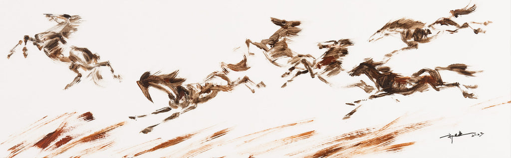 Fine Chinese Ink painting - Galloping horses 奔馬 25.5x81.5cm by Kwok Ti Hong 郭迪康