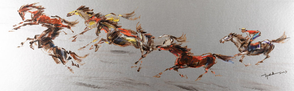 Fine Chinese Ink painting - Galloping horses 奔馬 25.5x81.5cm by Kwok Ti Hong 郭迪康